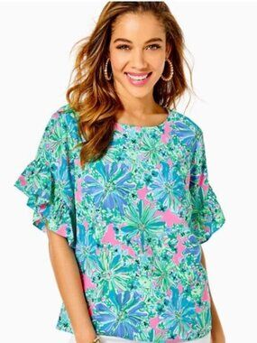 Lilly Pulitzer Darlah Women's Floral Ruffle Sleeve Top Relaxed Fit XS